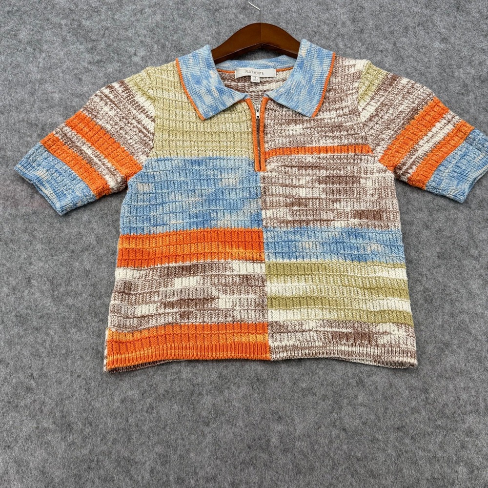 Flat White Colorblock Striped Quarter Zip Knit Polo Top Blue Orange WT965Z Small